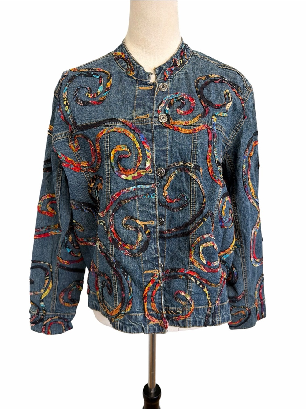 Chico's Blue Denim Jacket with Multicolor Swirl Embroidery Patchwork